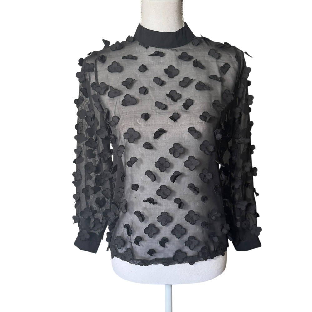 I Love Wen Le Black Sheer Mock Neck Blouse 3D Floral Applique Long Sleeve Size S